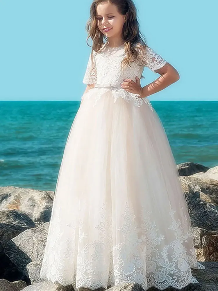 

Flower Girl Dresses Shorrt Sleeves Lace Applique Tulle Kids Prom Floor Length Gowns For Weddings First Communion Dresses