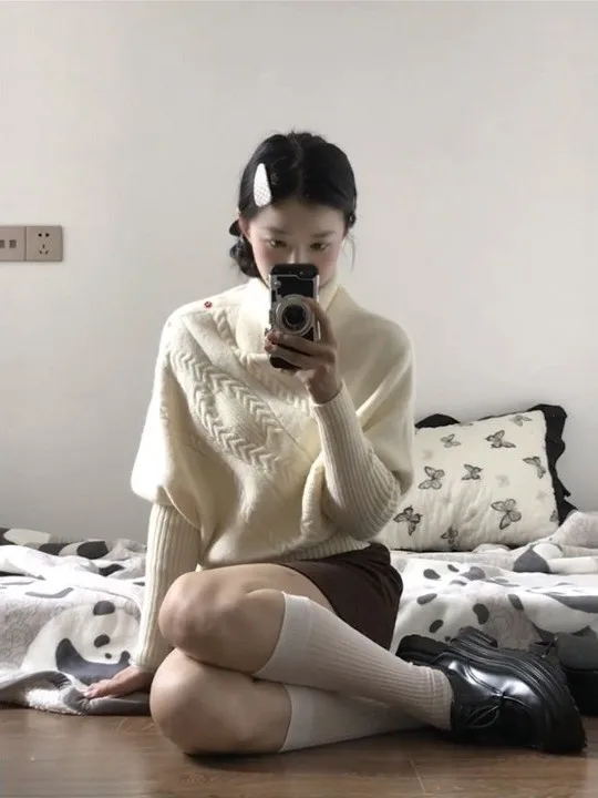 الكورية كسول Sle عالية الياقة المرأة سترة الخريف الشتاء ملابس داخلية لباس خارجي لينة محبوك أعلى مريحة فضفاضة تناسب طويلة...