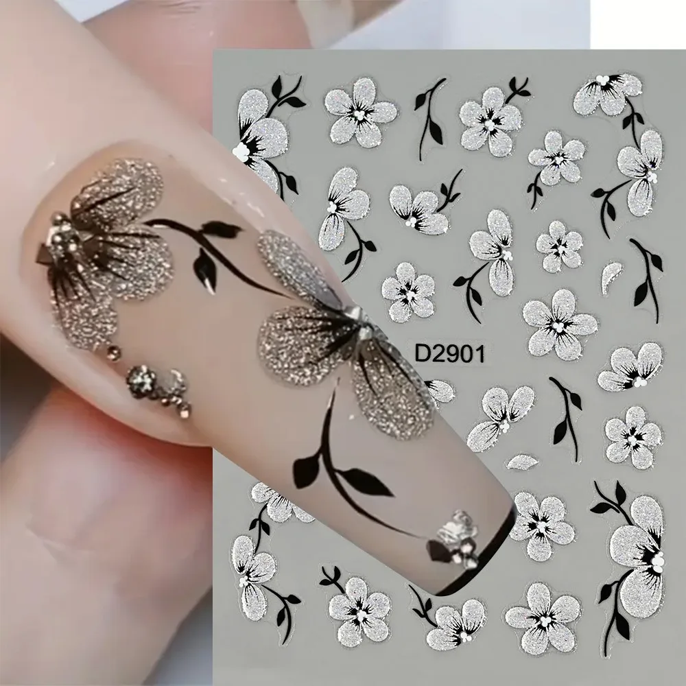 1pcs Glitter Silver ดอกไม้สติกเกอร์เล็บ Plum Blossom กลีบใบ Self-กาวเล็บสติ๊กเกอร์สีดําสายตกแต่งเล็บ