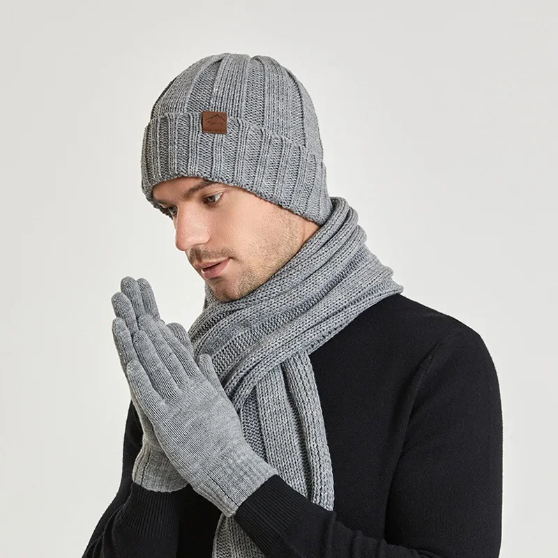 Women Men Knitted Long Scarf Hat Gloves 3pcs Set Winter Thick Plush Fleece-lined Beanies Hat Black Gray Touchscreen Gloves