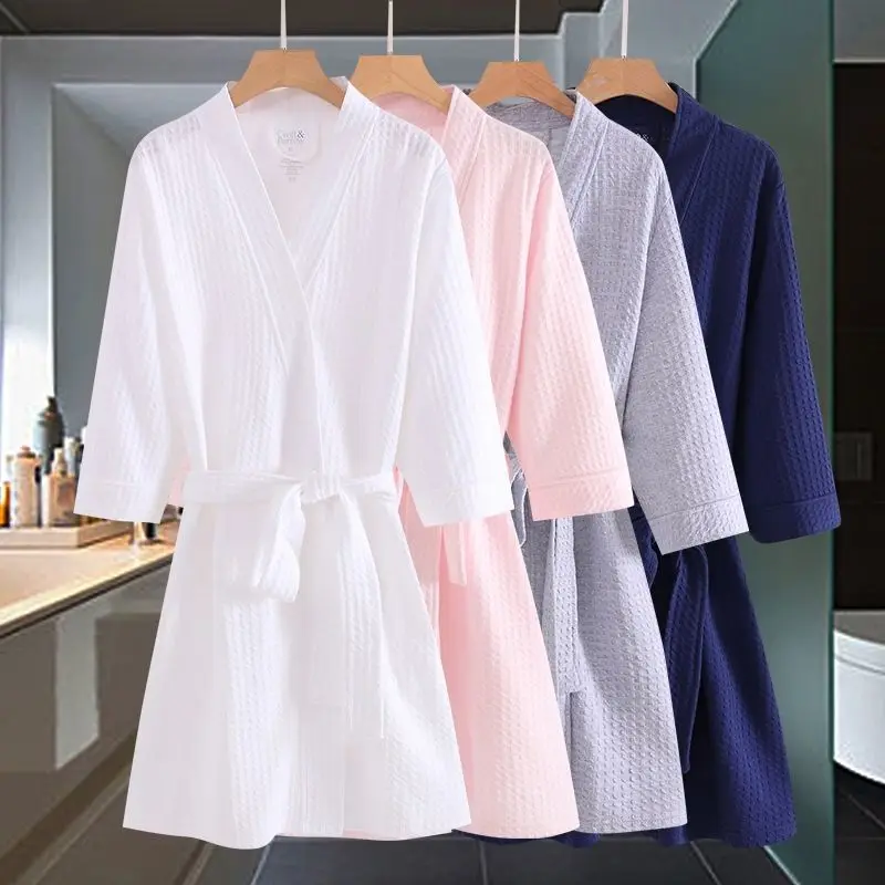 Couple Waffle Bathrobe Men&women New Kimono Robe Shower Plaid Dressing Gown Breathable Nightgown Home Clothes Hotel Spa Robes