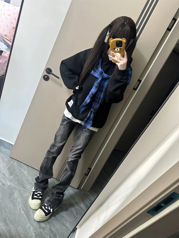 American High Street Vibe Men Women Slim Fit Straight Leg Jeans Faded Black Lightning Pattern Casual Wear Autumn Denim Pants