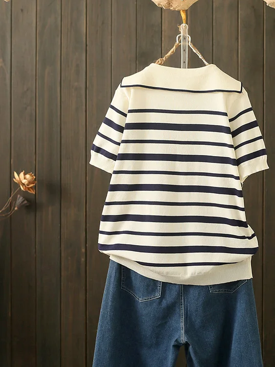 Summer plus Size 200 Pounds Nautical Stripe Short Sleeve Women's Loose Casual T-Shirt Belly Covering Age Reduction Fashion Co...