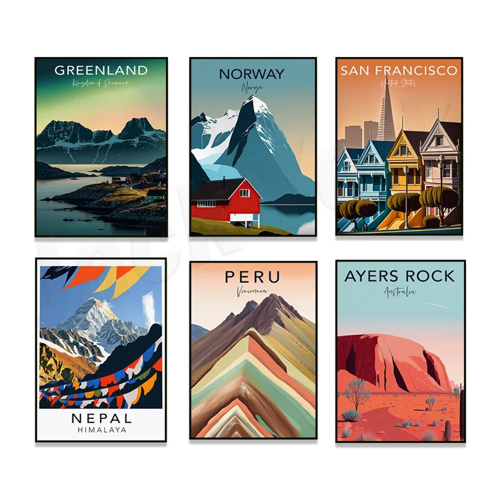 Mongolia, Peru, Nepal print Himalayas, Amsterdam Netherlands, San Francisco, Greenland, Norway, Uluru, Ayers Rock travel poster