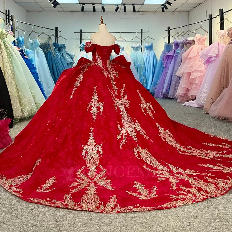 Vestidos quinceanera vermelhos fora do ombro, apliques dourados, renda, miçangas, cristal, festa de aniversário, doce 16, 15 de anos