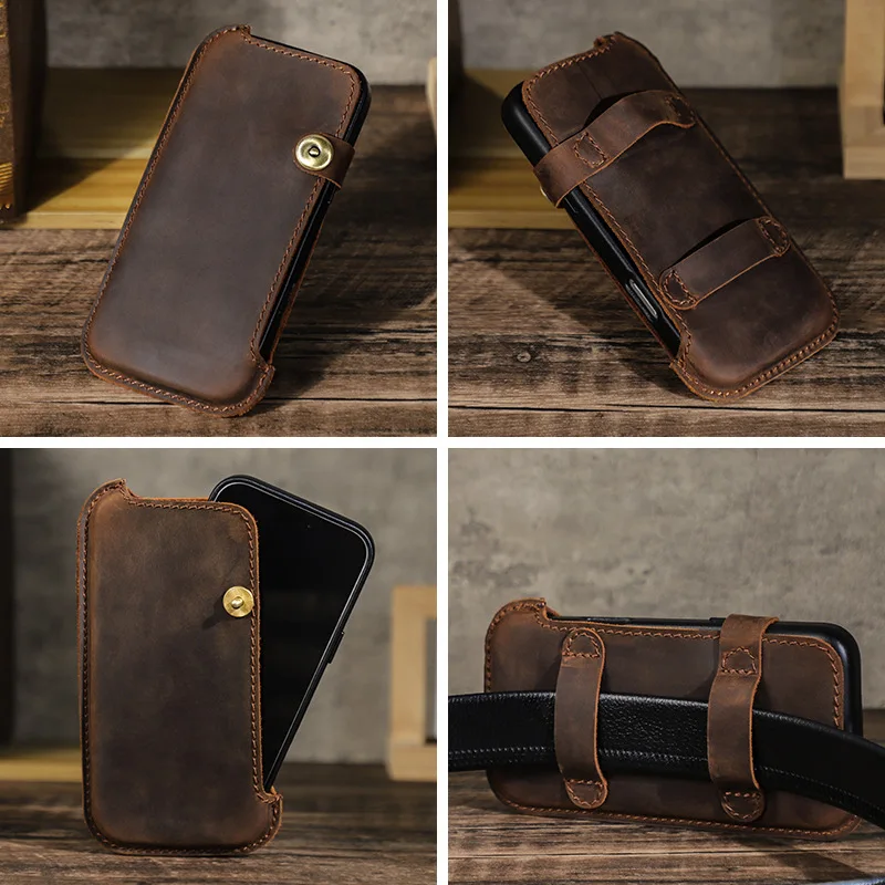 Genuine Leather Belt Phone Holster Magnetic Snap Protective Belt Mounted Phone Holder Pouch Thick Case Outdoor Travel Waist Pack