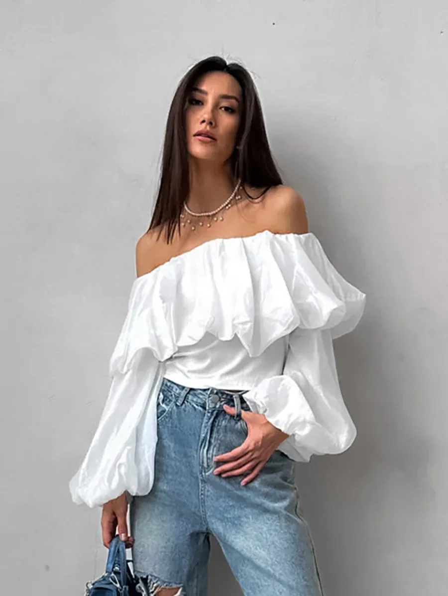 GetSpring Women Blouse 2024 Summer Slash Neck Off Shoulder Puff Sleeve White Shirt Fashion Loose Casual All Match Female Tops