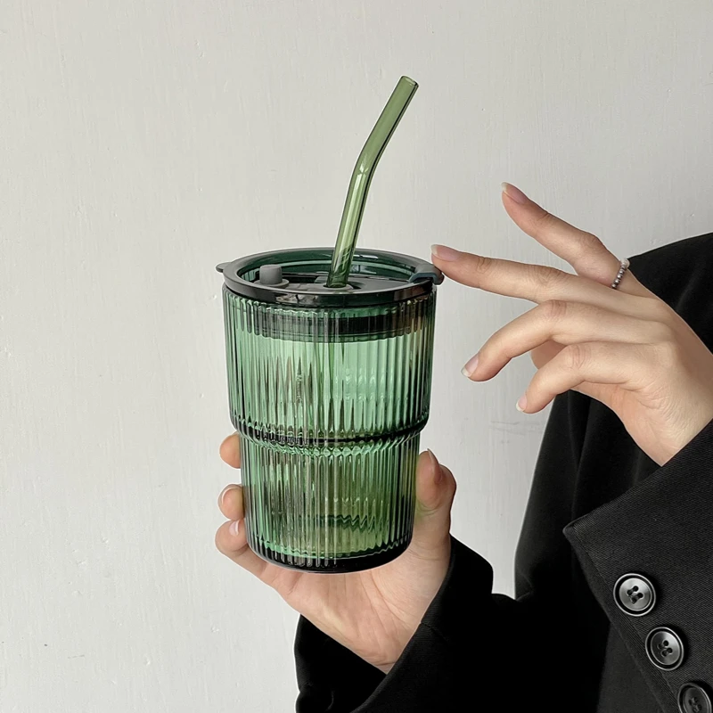 Green Retro Striped Straw Glass Portable Water Cup Juice Cup Coffee Cup Large Capacity Cup With Lid And Straw Office Home Tools