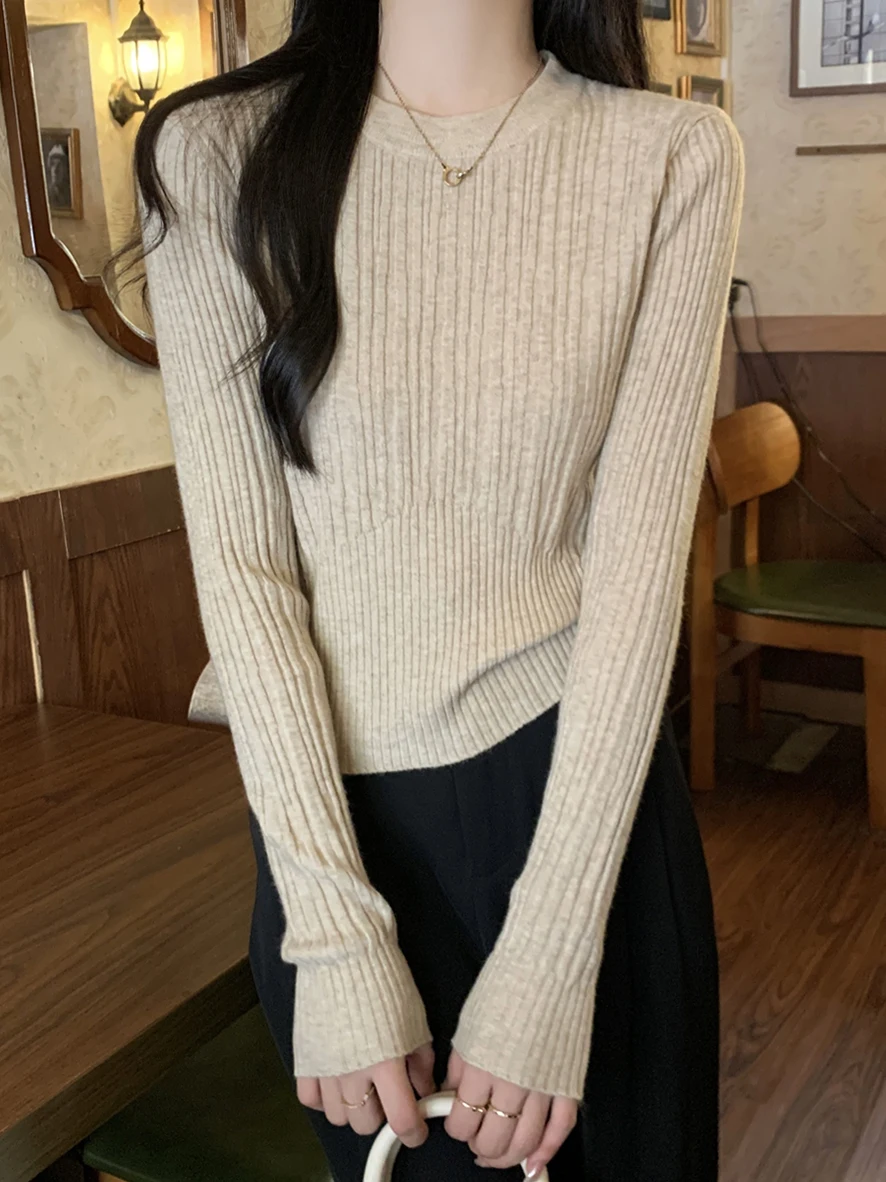 

Облегающий длинный вязаный свитер для женщин, повседневная внутренняя одежда, с завышенной талией, длиной до середины бедра, с круглым вырезом, для осени