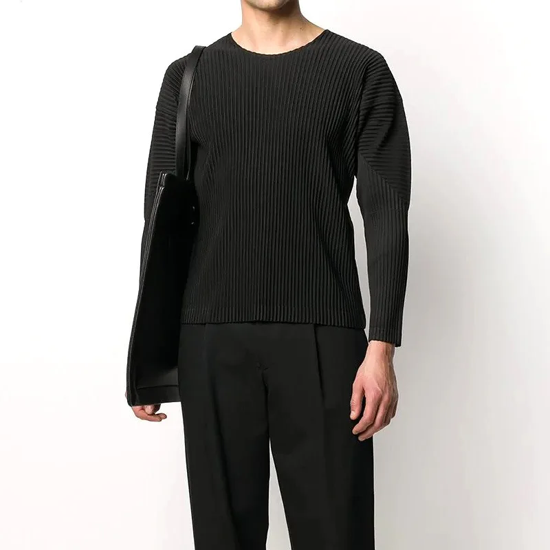 TOP QUALITY ISSEYS MIYAKES Japanese Pleated Classic Long Sleeve T-Shirt Loose Drop Shoulder Round Neck Casual Bottom Shirt