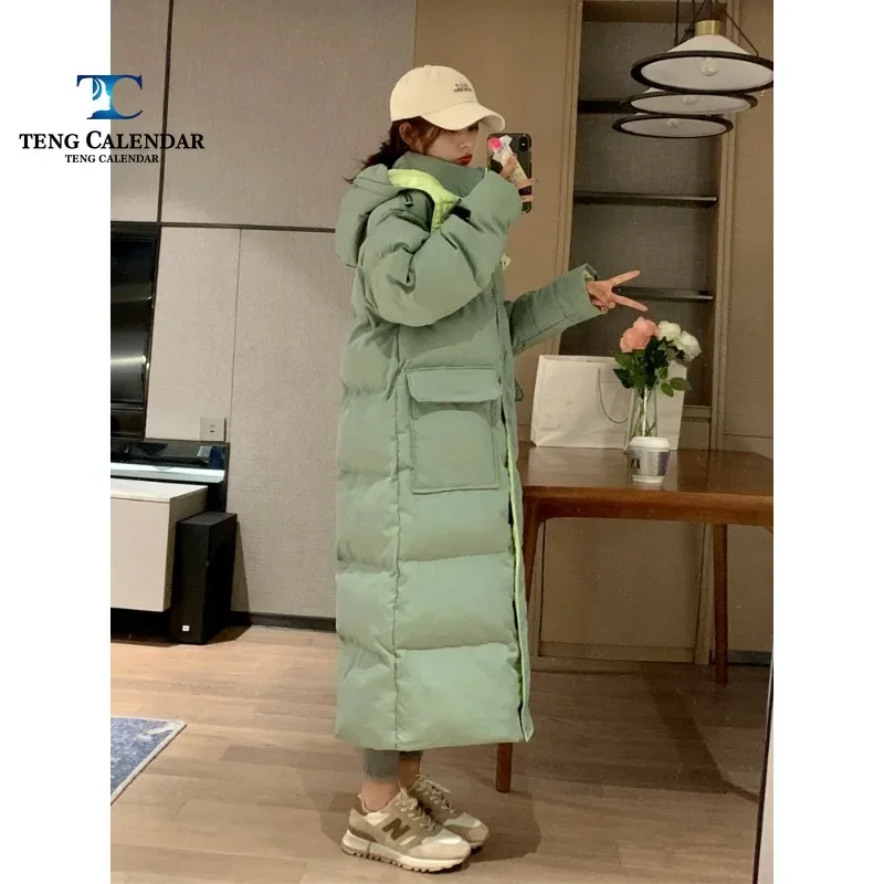 Long Cotton Jacket for Women, Ankle Length, Loose and Thick Patchwork, Hooded Down Jacket, New Style, Winter 2022