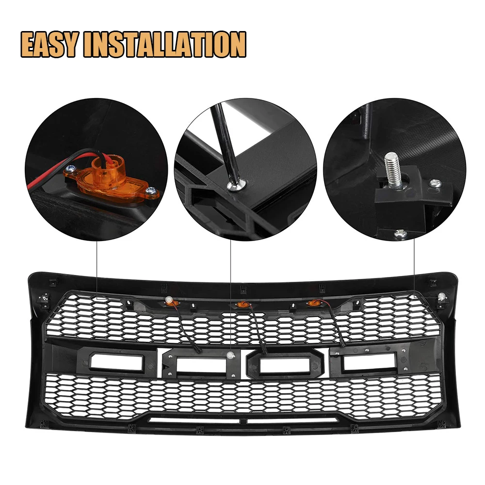 لفورد F150 2009 ~ 2014 بيك اب قطع غيار السيارات مخصص مشرق أسود الجبهة سيارة شبكة مصبغة استبدال شواء رابتور نمط مع Led