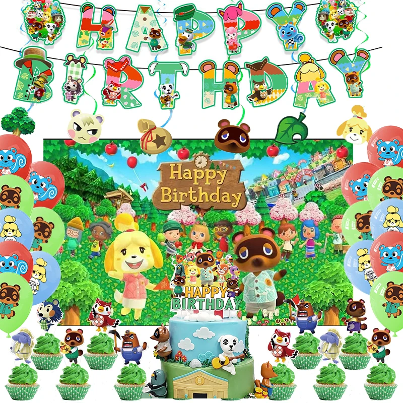 Animal Cross Birthday Party Decoration Balloon Banner Backdrop Cake Topper Animal Cross Party Supplies Baby Shower