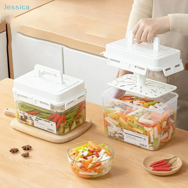 ♥ Contenedor de almacenamiento de encurtidos con tapa de drenaje - Contenedor de alimentos transparente para fermentación/conservación de verduras (capacidad de 5 l)