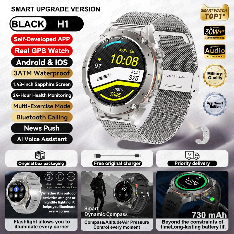 GUHUAVMI 2026 Neue GPS-Smartwatches, 10 ATM wasserdicht, integrierter Dualband-GNSS-Kompass, Militär, Sport, Herren, SWIM-Smartwatch für Android IOS 9