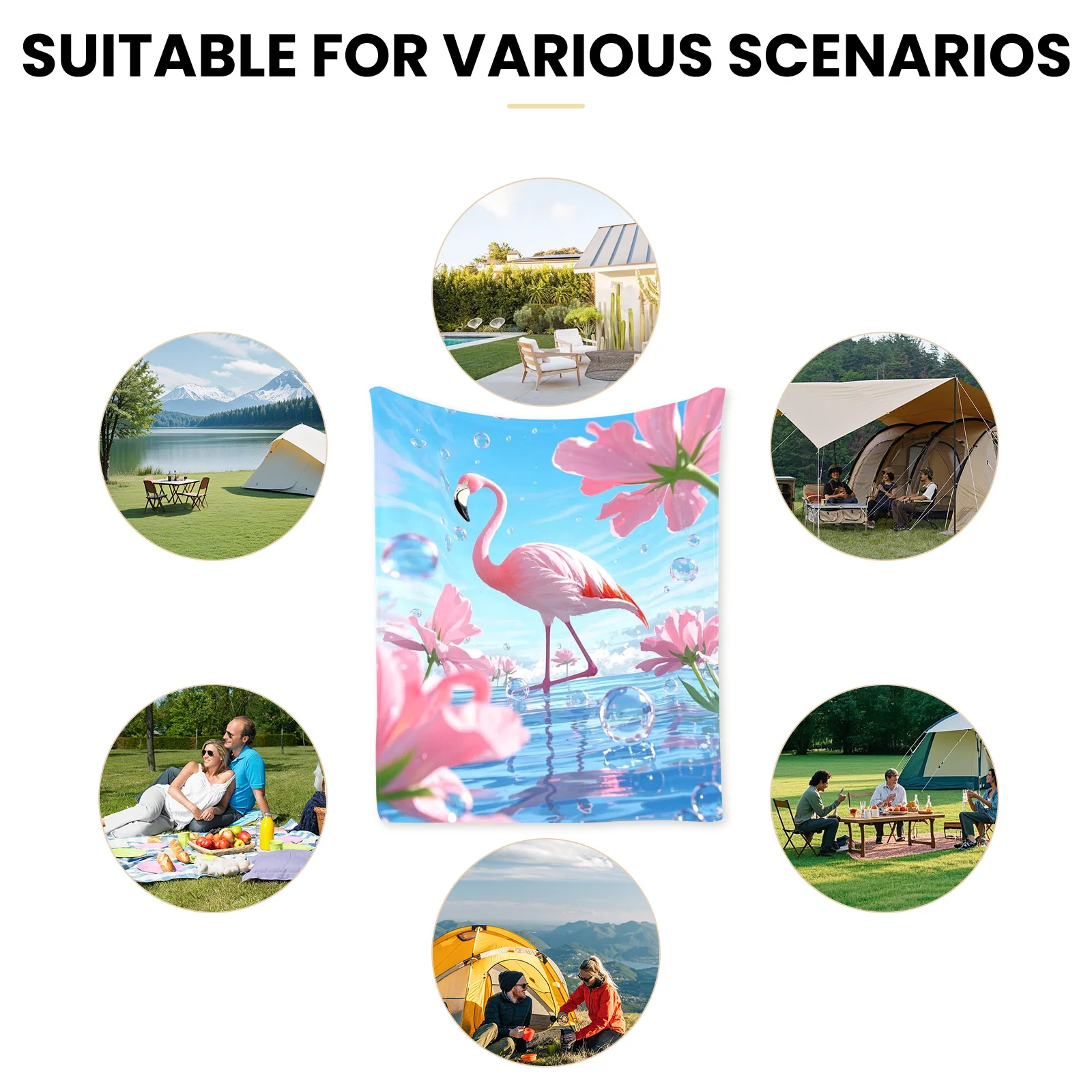 Couverture ludique à motif de fleurs et d'eau, flamant rose, pour une utilisation en extérieur, avec un thème de conception tropicale vibrante et relaxant