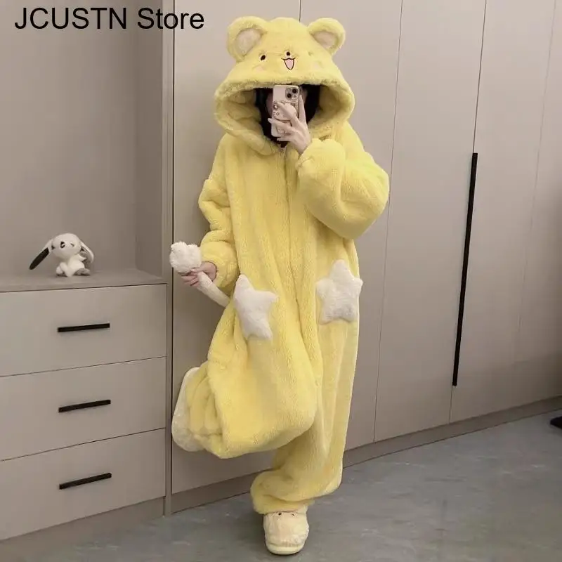 

2025 Autumn Winter New Cartoon Jumpsuit Women Halloween Cosplay Coral Fleece Pajamas Kawaii Kigurumi Home Clothing Holiday Gift