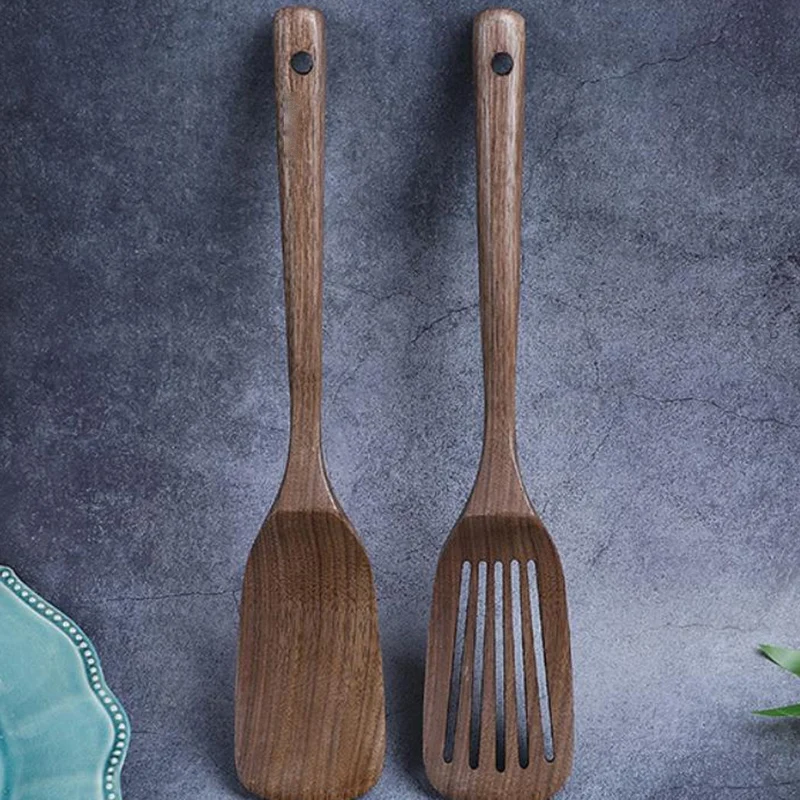 L68AWooden Spatula&Slotted Spatula for Cooking,Black Walnut Long Handle Wood and Slotted Turner for Non-Stick Cookware