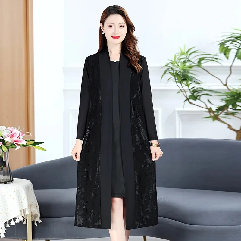 5XL Mesh Jacquard Windbreaker For Middle-Aged Women Long Shawl Cardigan Summer Mothers Sunscreen Clothes Thin Gauze Cloak Female