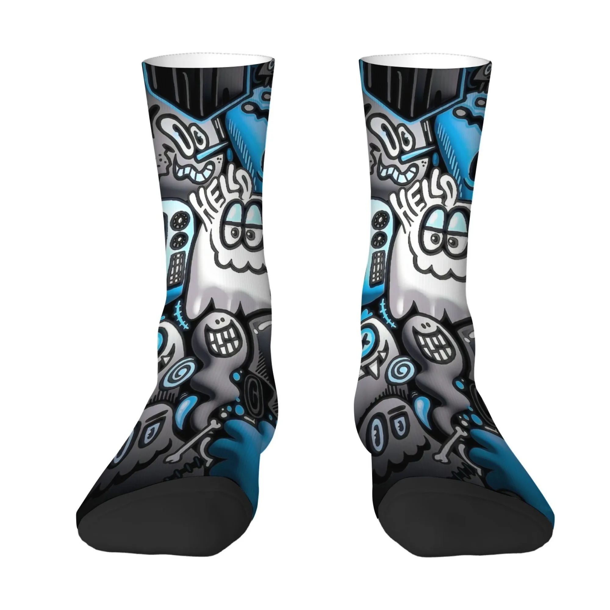 Blue and Gray Graffiti Monster Socks Hello Letter Print Men's Socks  Unique Fashionable Street Style Comfortable Warm Socks