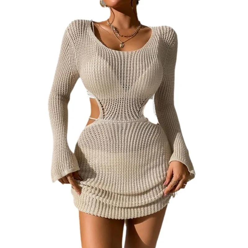 Gonna estiva nuova da donna tinta unita lavorata a maglia con coulisse cava bikini da spiaggia costume da bagno coprire indumenti di protezione solare