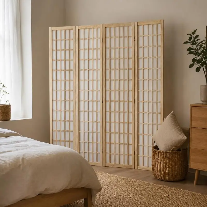 Paravent japonais 4 pièces, séparateur de pièce pliable, écran de protection portable pour bureau, restaurant et chambre, couleur naturelle.