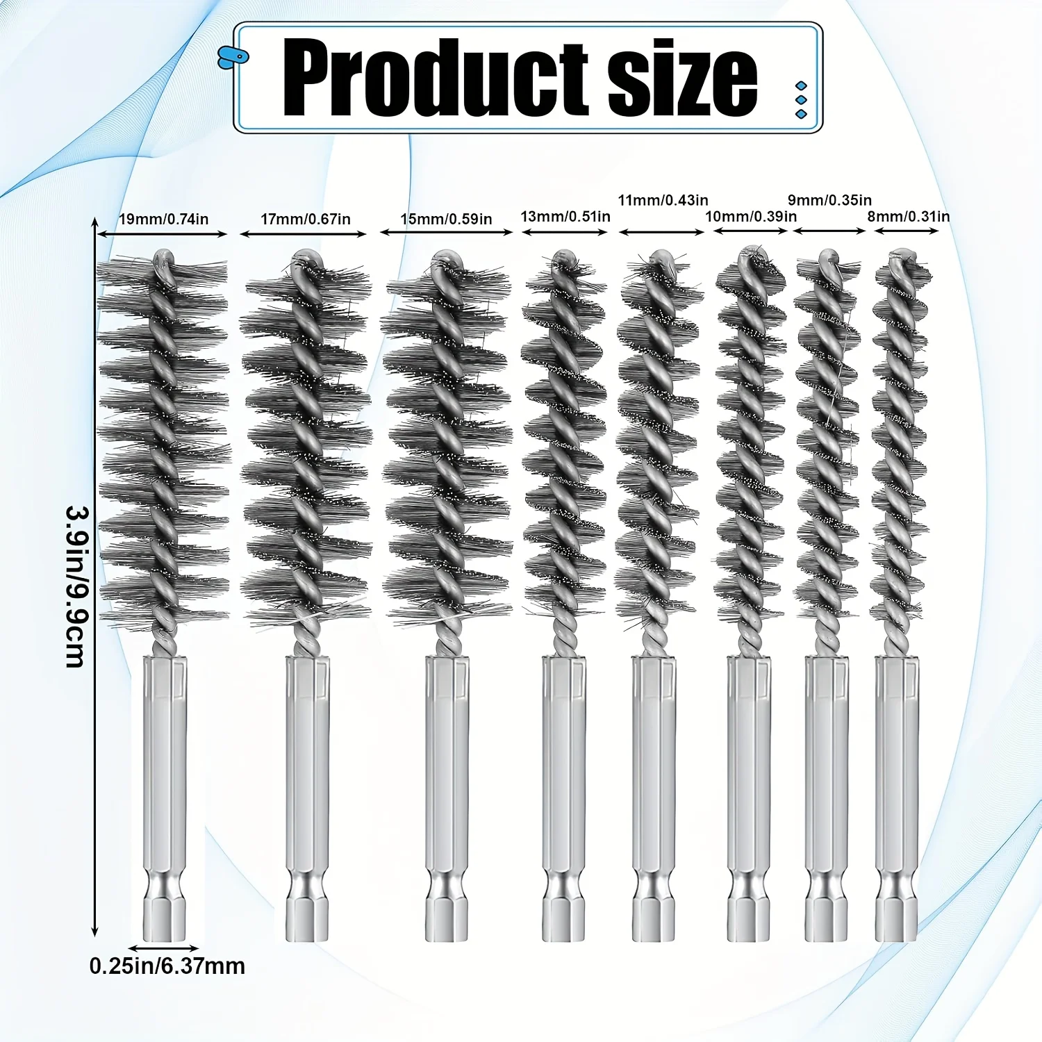 Pack of 8 Wire Brush Drill with 1/4 Inch Hex Shank, Boiler Brush, 8 Different Sizes, Wire Brush for Cleaning Drills, 10cm Long
