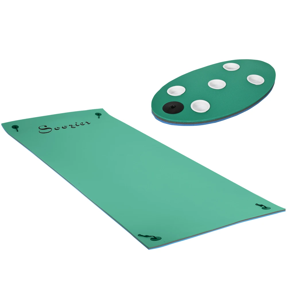 

12' x 5' Lily Pad Floating Mat with Cup Holder Table, 3-Layer Portable Roll-Up Water Mat Float Dock for 2-3 People, on Lake