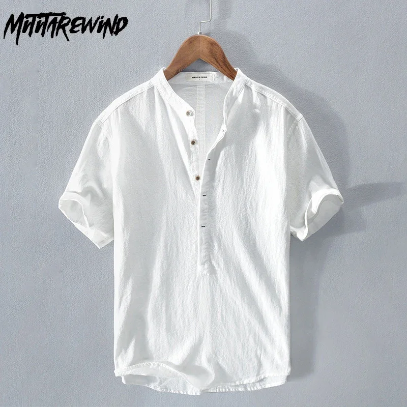 

Простая хлопково-льняная рубашка, мужская летняя пляжная дышащая мужская футболка с коротким рукавом, повседневный пуловер, рубашка с воротником-стойкой, молодежный топ, базовый