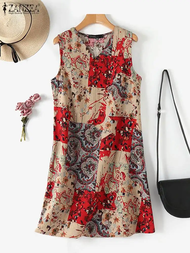 Zanzea Vrouwen Bohemien Zomerjurk 2024 Zomer Mode Mouwloze Bedrukte Mini Vestidos Casual V-Hals Losse Vintage Korte Jurk Gewaad