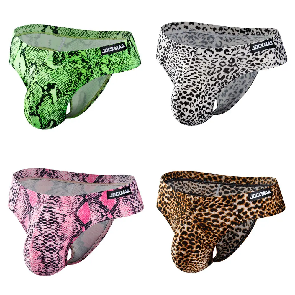Jockmail Ropa Interior Hombre Hot Sexy Low Waist Leopard Pattern Thong Snake Jockstrsps Man GST Rings Soft and Comfortable