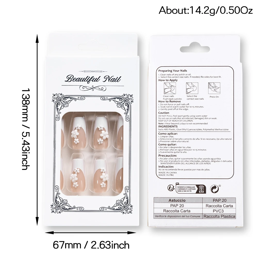 24 قطعة طويلة مربع الفرنسية الأظافر وهمية رصع ثلاثية الأبعاد زهرة بيضاء اليدوية اضغط على الأظافر نعش الأظافر كاذبة نصائح للنساء أنيقة TD