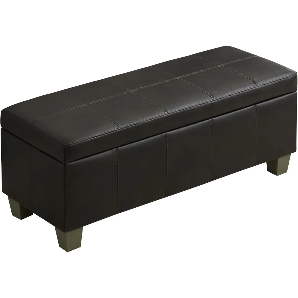 

41" Faux Leather Storage Ottoman, Black Brown Rectangle Upholstered End of Bed Storage Bench, Stitch Tufted Bedroom Bench with S