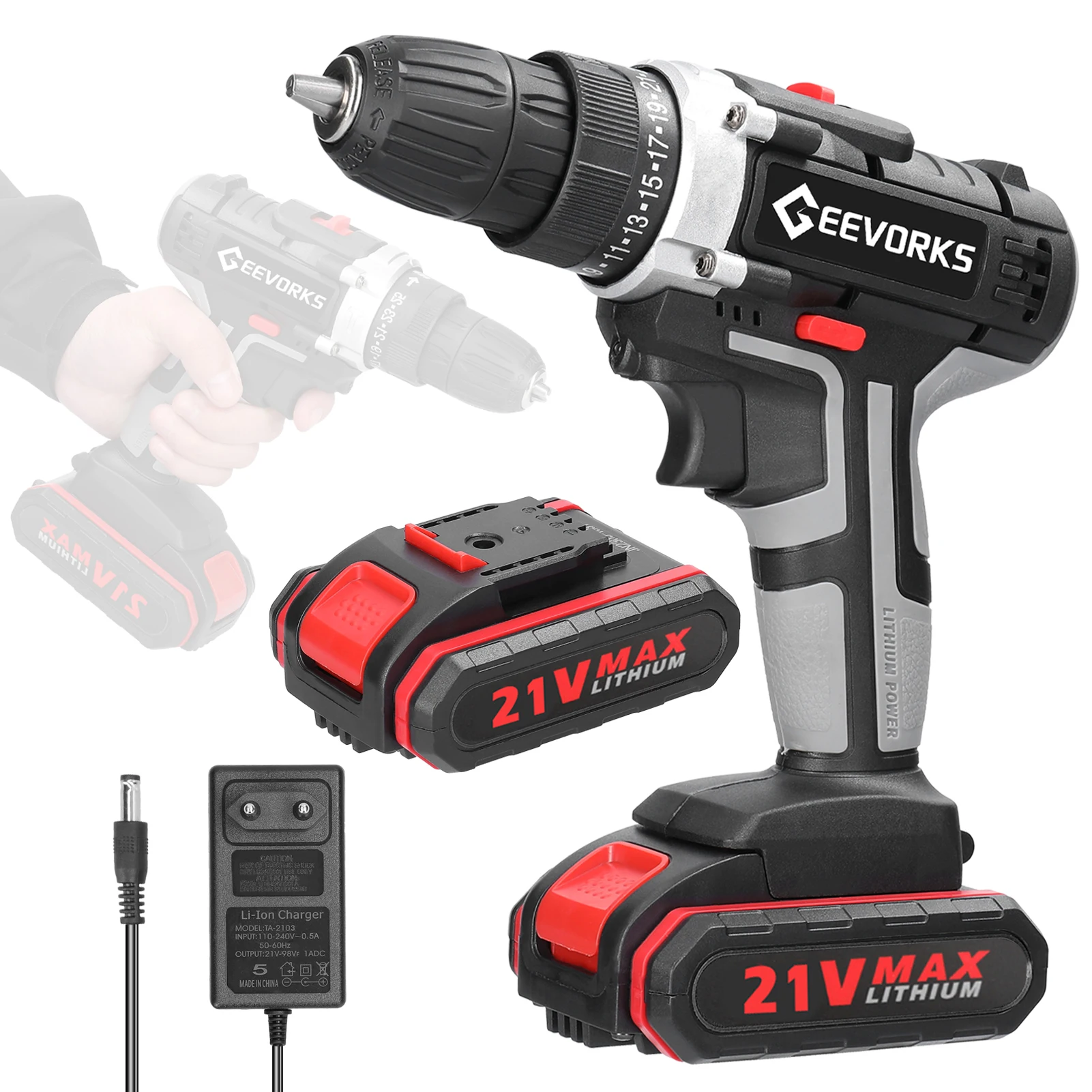 21V Electric Impact Cordless Drill Electric Screwdriver High-power Lithium Battery Rechargeable Hand Drills Home DIY Power Tools