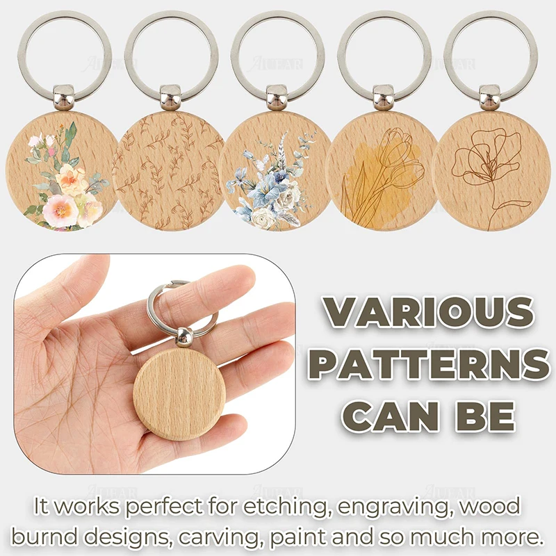 20Pcs Beech Keychain Solid Wood Key Chain Wooden Keyrings