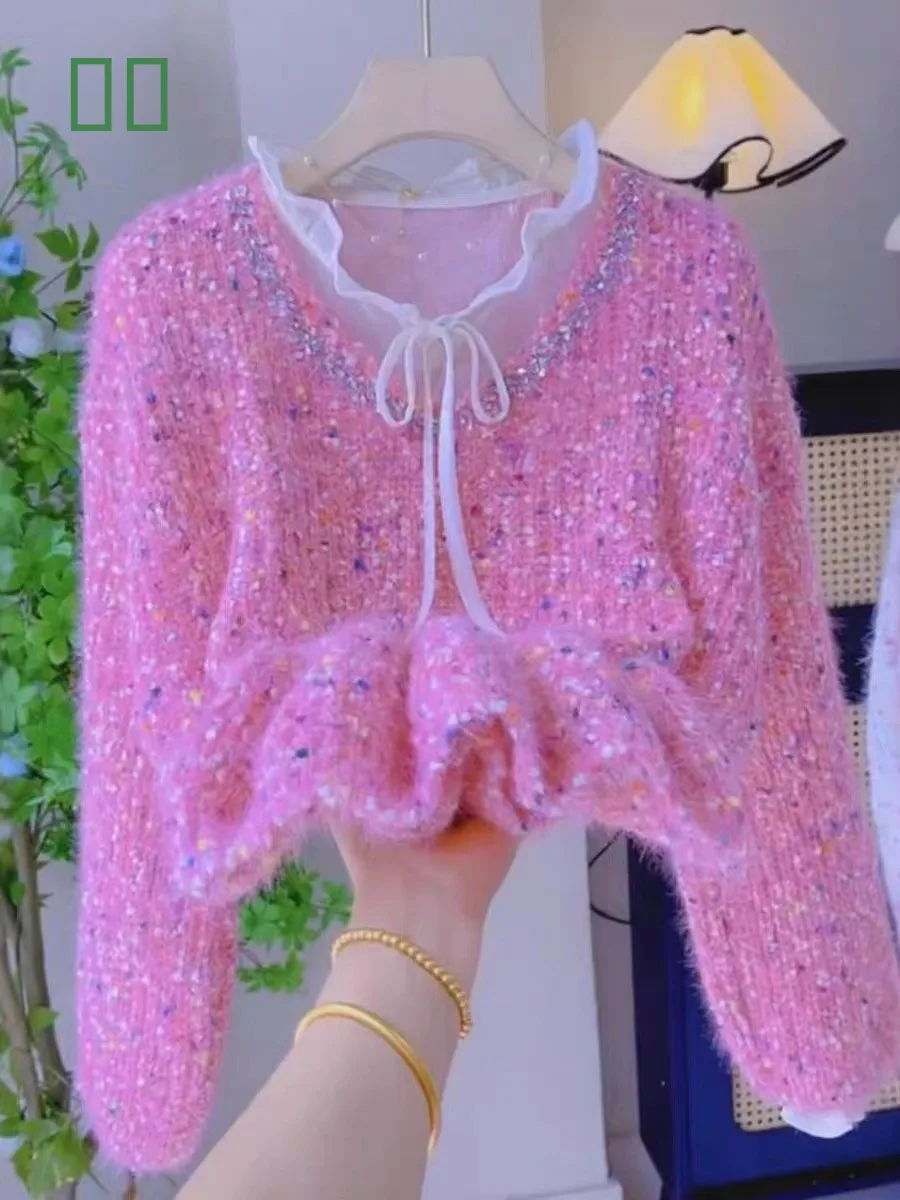 

Мягкий вязаный свитер Thiened в радужный горошек, роскошный осенне-зимний новый блестящий укороченный теплый кардиган с V-образным вырезом