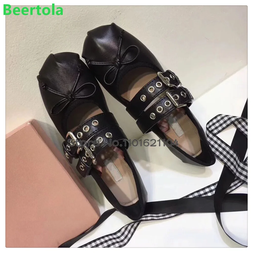 Flat With Round Toe Butterfly-knot Shoes For Female Women 2024 Autumn New Belt Buckle Design Elegant Pumps Casual Fashion Shoes