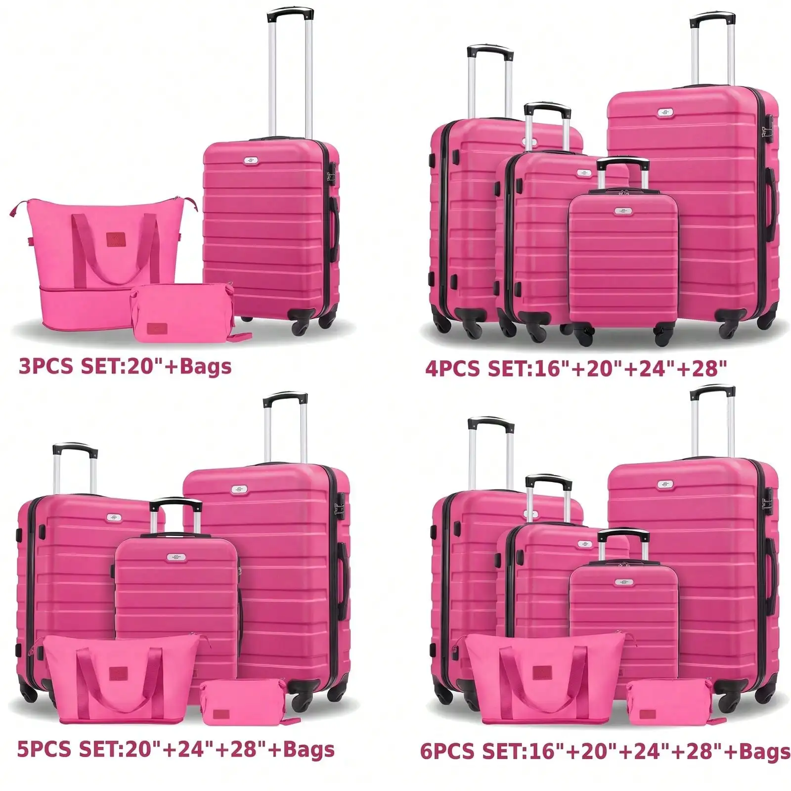 6-Piece Luggage Set, 16/20/24/28 Inch Suitcases,ABS Hardside Spinner Carry On Suitcase + 2 Travel Bags For Family Vacations,Back To School