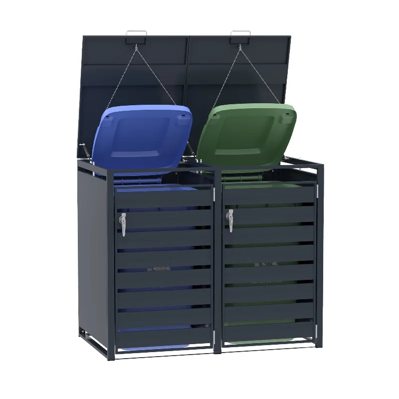 Outdoor steel open-top wheeled bin locker with lock, durable and waterproof