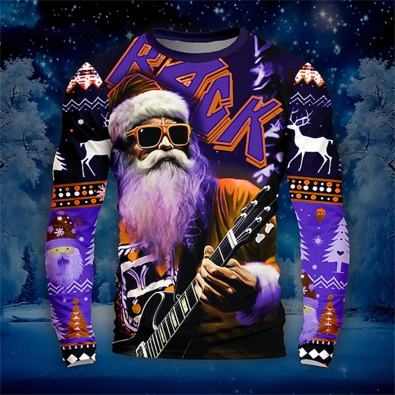 2024 New Rock Santa Graphic Long T Shirt Men Fashion Casual  3D Printed Long Sleeve New Year Round Neck Shirt Fall Men Clothing