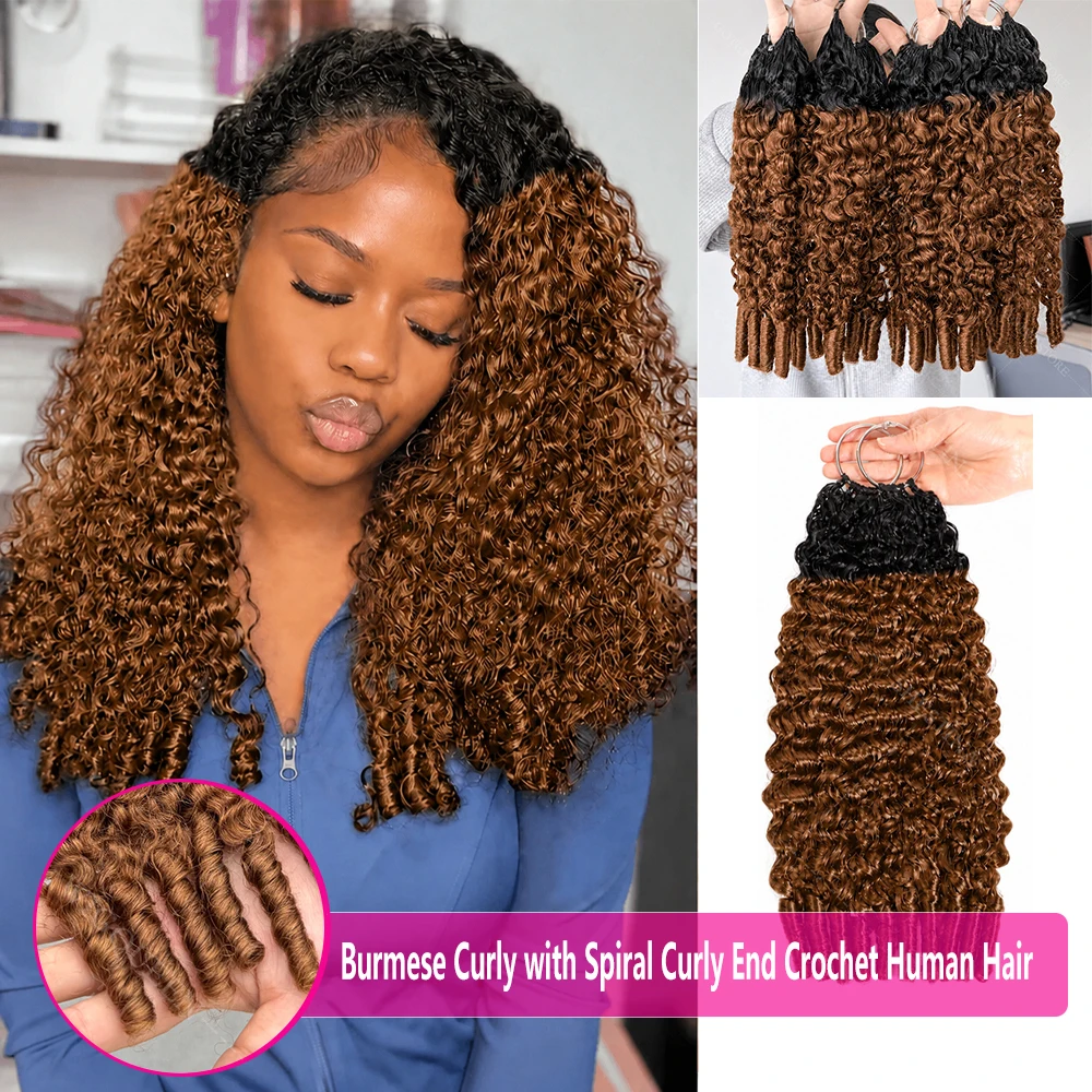 Brown Mix Black Highlight Miracle Knot Crochet Human Hair Extension Burmese Curly Crochet Bundles 100% Burmese Virgin Human Hair