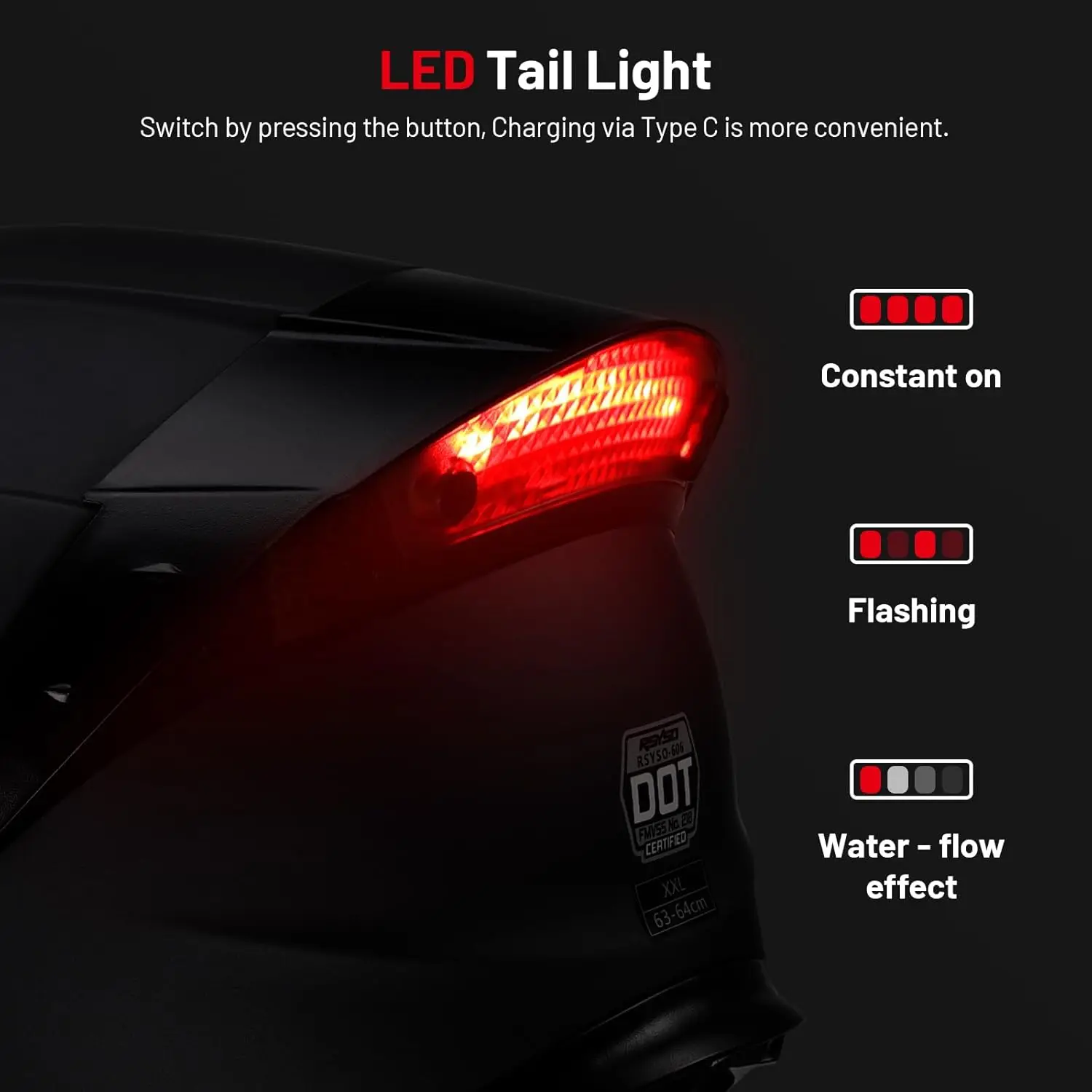 デュアルバイザー付きフルフェイスオートバイヘルメット、LEDテールライト付き、DOT承認済み、大人用モーターバイクレーシングストリートバイクヘルメット