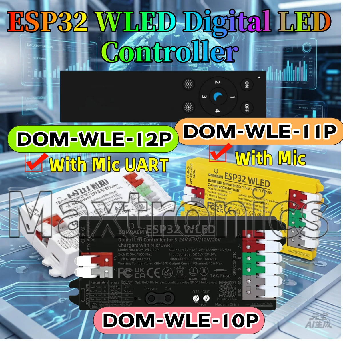 

Цифровой контроллер светодиодов DOMRAEM PD ESP32 WLED с микрофоном/UART, питанием через USB-C, модели DOM-WLE-10P/11P/12P для светодиодных лент WS2812, SK6812, APA102