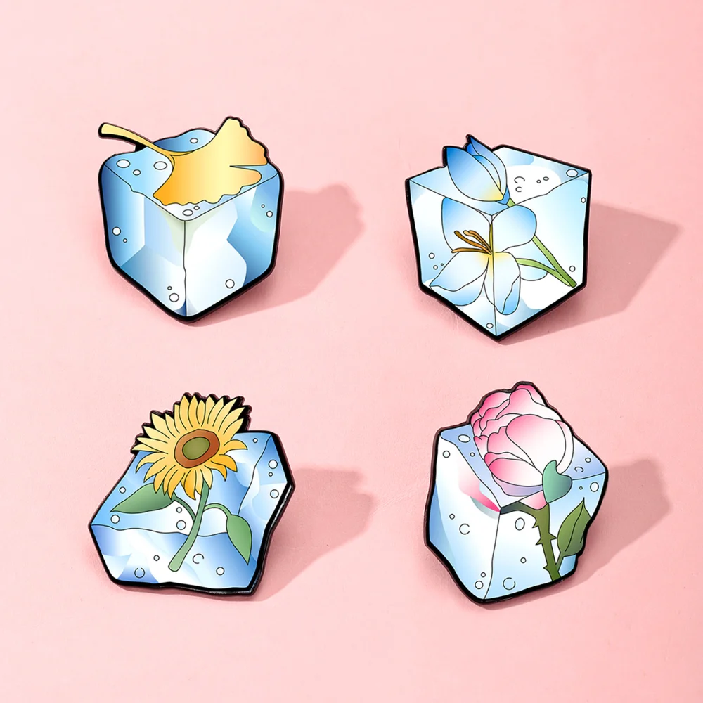 4pcs Frozen Flower Enamel Pins Set Ice Cube Floral Brooches for Backpacks Aesthetic Ice Cube Flower Enamel Lapel Pins