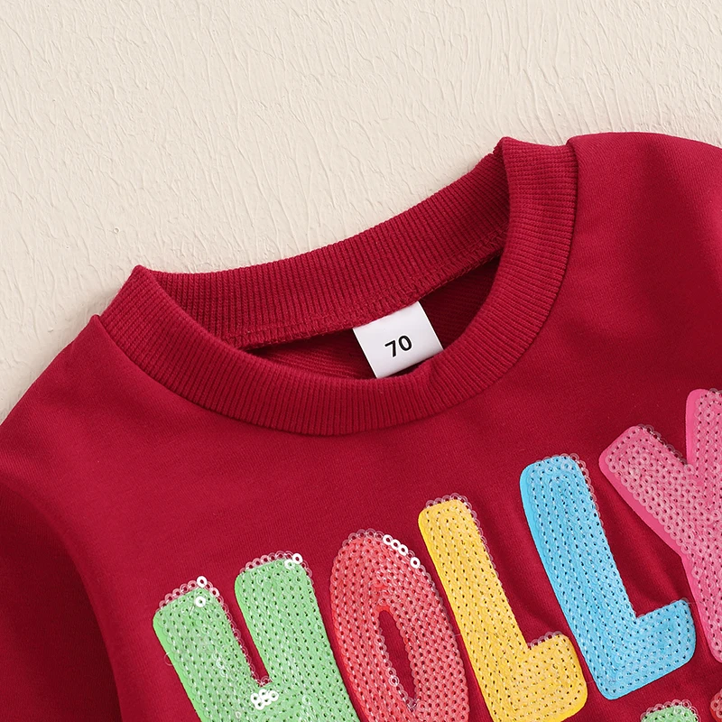 Little Boys Christmas Casual Sweatshirts Long Sleeve O Neck Sequins Letter Embroidery Pullover