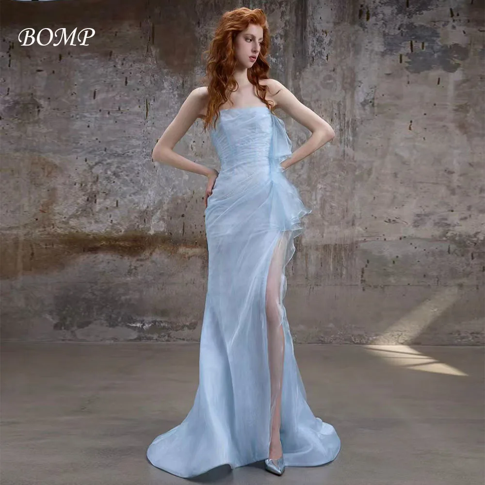 

BOMP Charming Sea Blue Evening Dress Strapless Side Hih Slit Draped Mermaid Wedding Party Dresses Prom Gown Customized New 2026