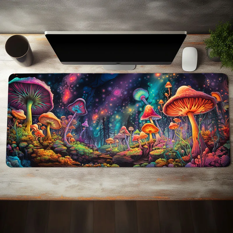 Large Vibrant Mushroom Gaming Mouse Pad Non-Slip Rubber Base Colorful Esports 50x100 Office Keyboard Mat with Fantasy Night Sky