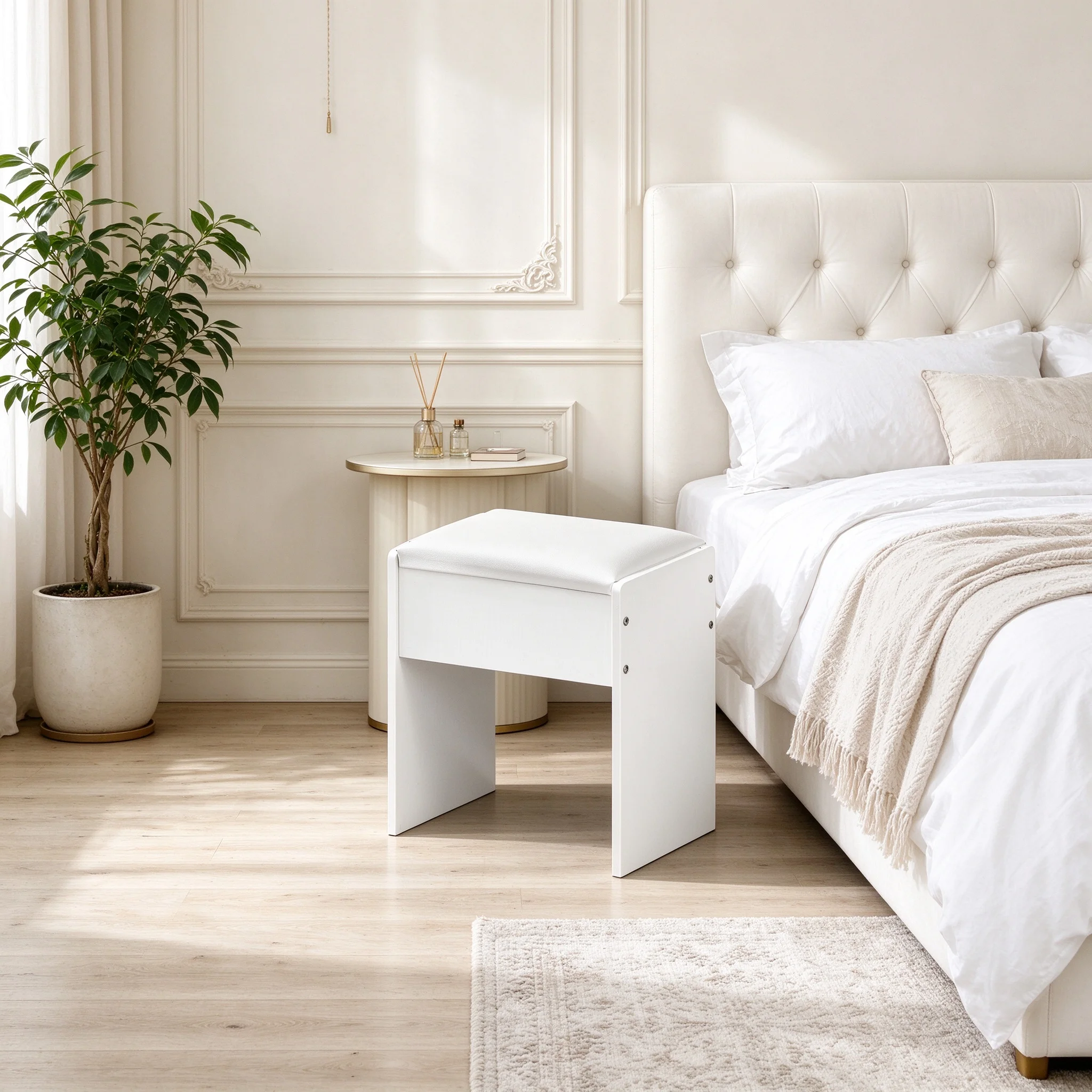 Modern White Dressing Table Stool PU Soft Padded Vanity Bench Bedroom Makeup Chair