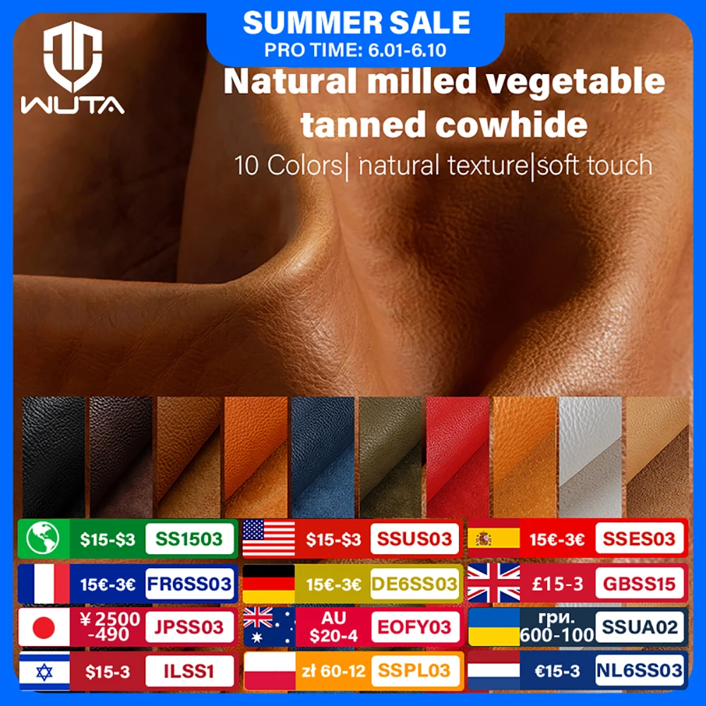 WUTA 1/3/5 sq.ft Vintage Natural Milled Vegetable Tanned Leather MBox Genuine Cowhide Skin Fabric DIY Craft Bags Material 6-9oz