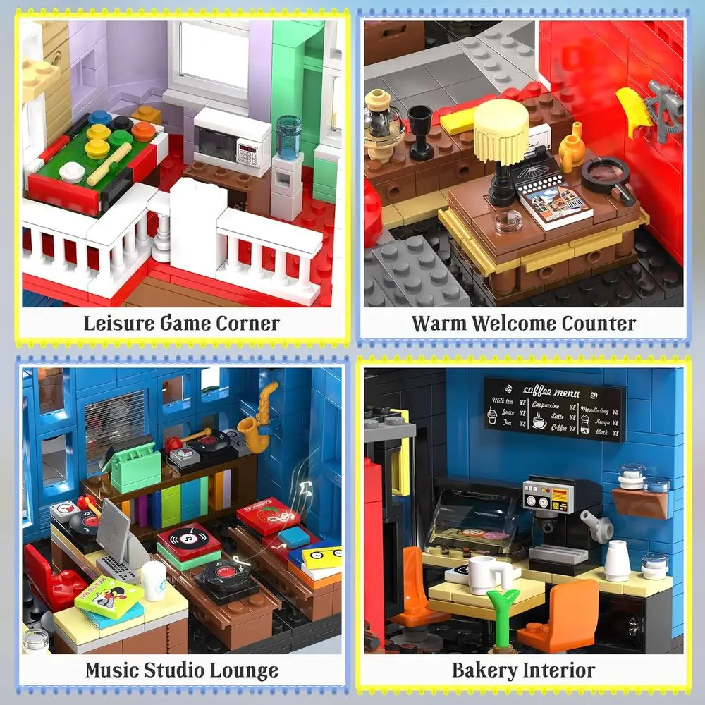Juego de bloques de construcción London Main Street Architecture: 2666 piezas con estudio de grabación, cafetería, panadería, floristería para Adu